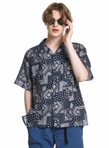 KND(ケイエンド) NAVY PAISLEY OPEN COLLAR SHIRT