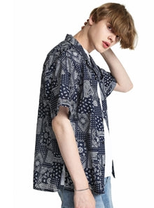 KND(ケイエンド) NAVY PAISLEY OPEN COLLAR SHIRT