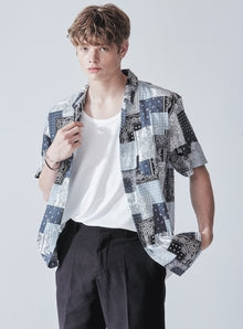 KND(ケイエンド) PATCHWORK BLACK PAISLEY HALF SHIRT