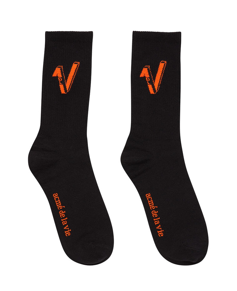 アクメドラビ(acme' de la vie)  V LOGO CASUAL SOCKS BLACK NEON ORANGE
