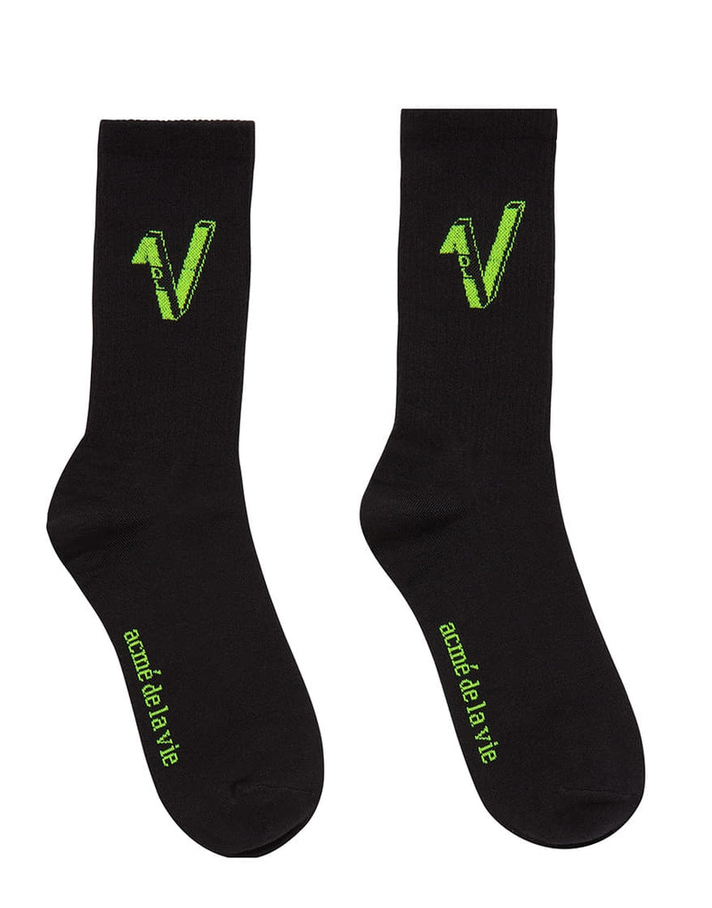 アクメドラビ(acme' de la vie)  V LOGO CASUAL SOCKS BLACK NEON YELLOW