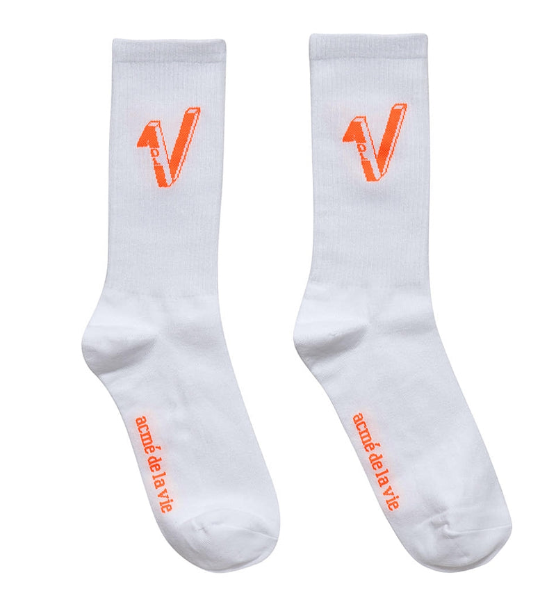アクメドラビ(acme' de la vie)  V LOGO CASUAL SOCKS WHITE NEON ORANGE