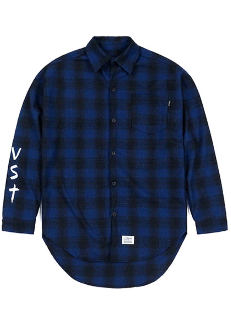 VST OVERSIZED WOOL CHECK SHIRTS BLUE