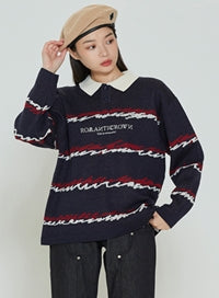 ロマンティッククラウン(ROMANTIC CROWN) COLOR WAVE KNITTED POLO SHIRTS_NAVY