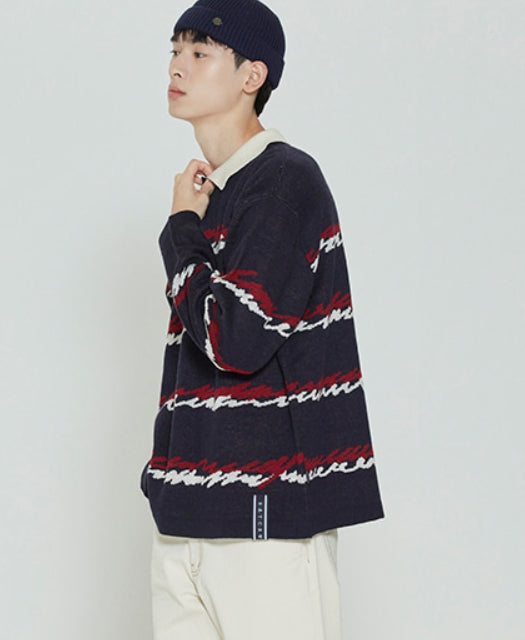 ロマンティッククラウン(ROMANTIC CROWN) COLOR WAVE KNITTED POLO SHIRTS_NAVY