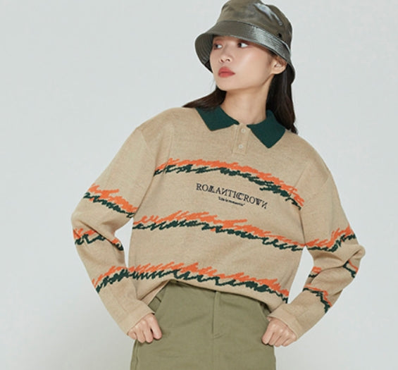 ロマンティッククラウン(ROMANTIC CROWN) COLOR WAVE KNITTED POLO SHIRTS_BEIGE