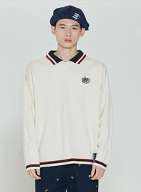 ロマンティッククラウン(ROMANTIC CROWN) STRIPE COLLAR V NECK KNITWEAR_OATMEAL