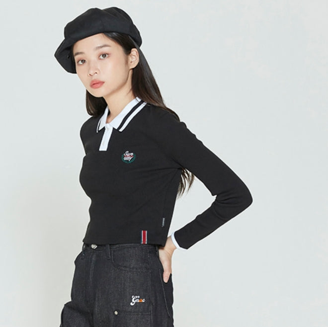 ロマンティッククラウン(ROMANTIC CROWN) THIN RIBBED POLO SHIRT_BLACK