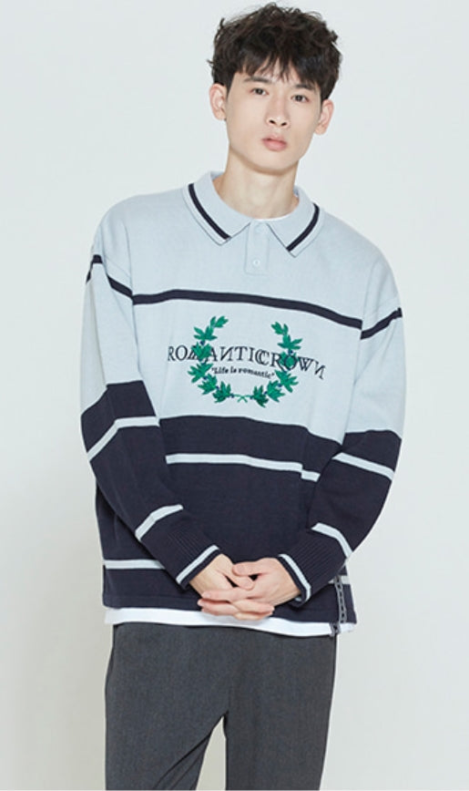 ロマンティッククラウン(ROMANTIC CROWN) MODERN LAUREL KNITTED POLO SHIRTS_SKY BLUE