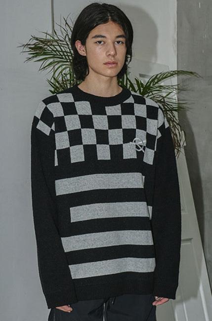 オーワイ(OY) 	MOHAIR CHECK STRIPE KNIT-BLACK