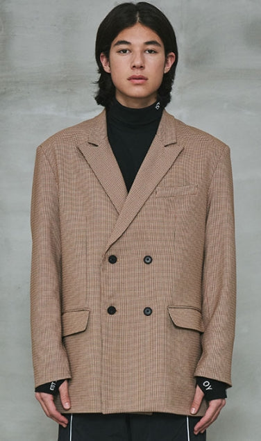 オーワイ(OY) 	OVERSIZE CHECK DOUBLE BLAZER-BROWN