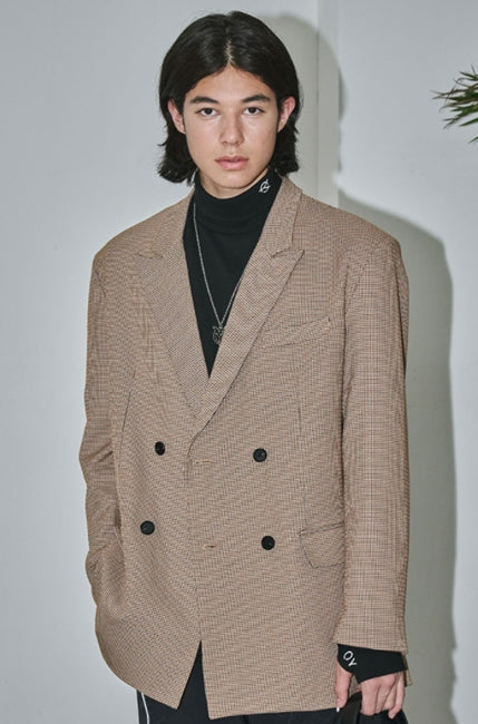 オーワイ(OY) 	OVERSIZE CHECK DOUBLE BLAZER-BROWN