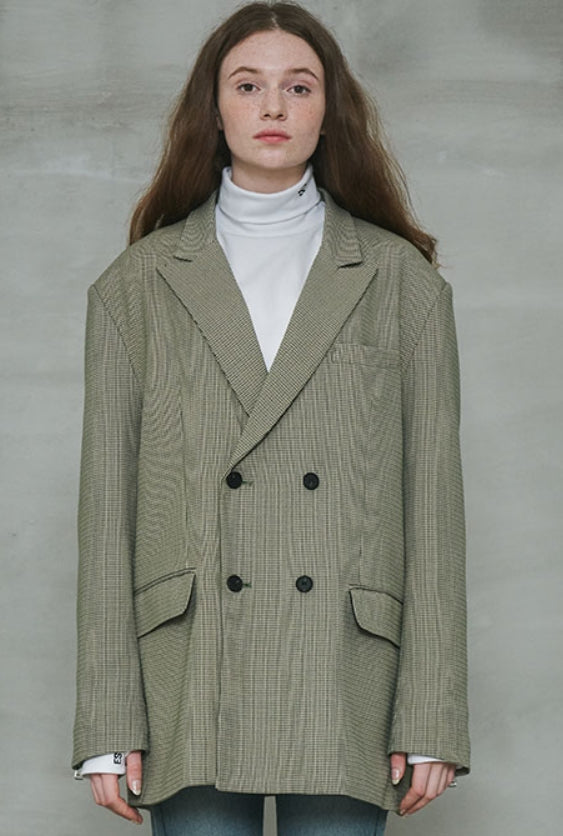 オーワイ(OY) 	OVERSIZE CHECK DOUBLE BLAZER-OLIVE GREEN