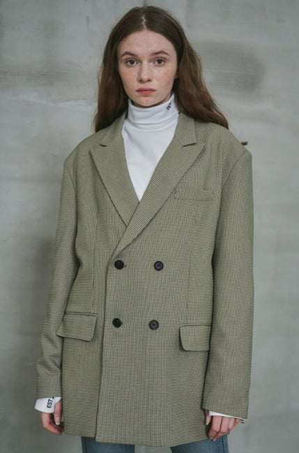オーワイ(OY) 	OVERSIZE CHECK DOUBLE BLAZER-OLIVE GREEN