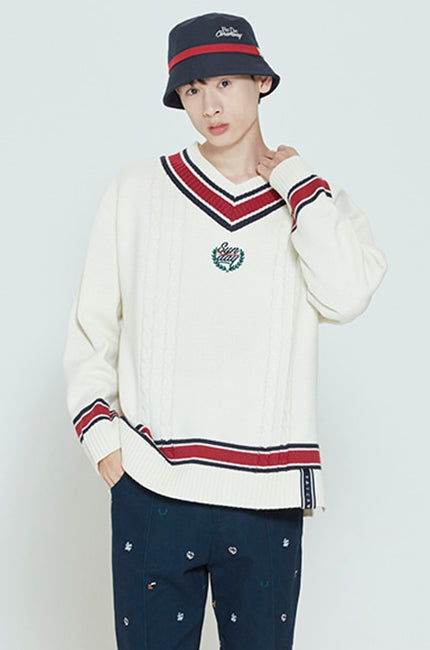 ロマンティッククラウン(ROMANTIC CROWN) SUNDAY SYNDROME CLASSIC V NECK KNITWEAR_OATMEAL