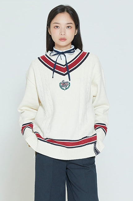 ロマンティッククラウン(ROMANTIC CROWN) SUNDAY SYNDROME CLASSIC V NECK KNITWEAR_OATMEAL