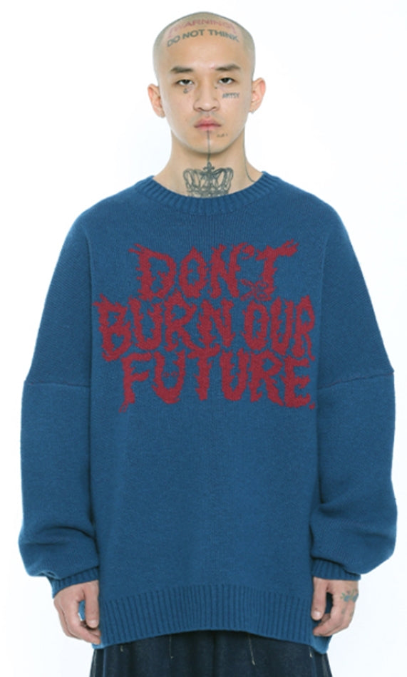 アジョバイアジョ（AJOBYAJO)   Oversized Slogan Wool Knit Sweater [Teal]