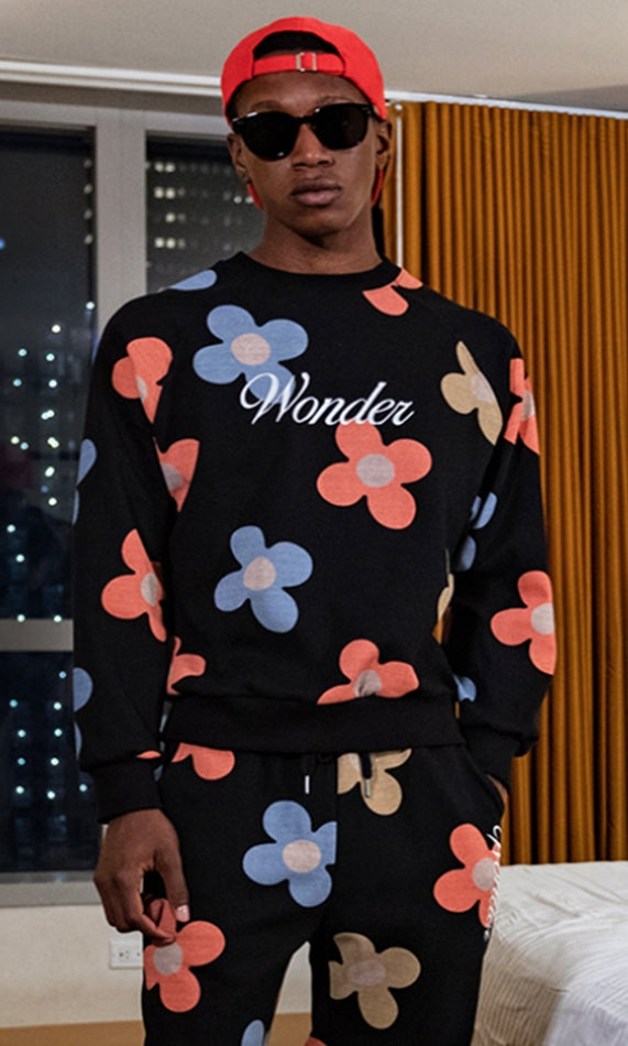 원더 비지터 (WONDER VISITOR) Flower pattern sweat-shirt [Black]