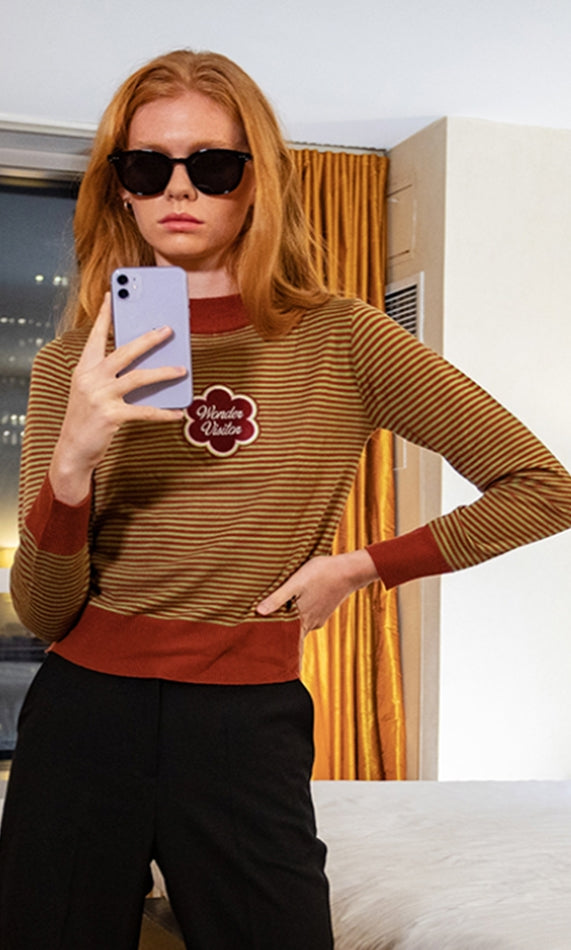 원더 비지터(WONDER VISITOR) Stripe Slim Knit [Brown]