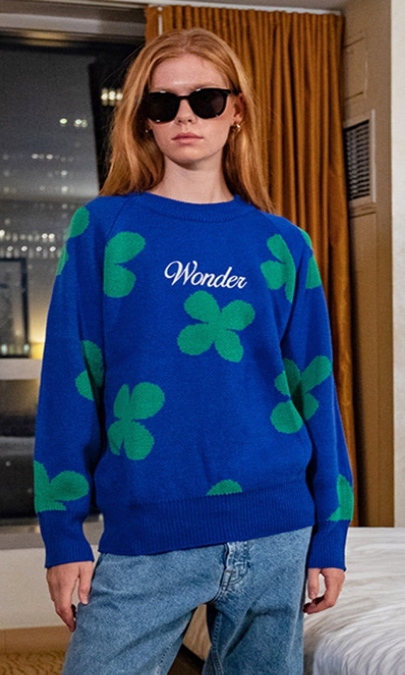 ワンダービジター(WONDER VISITOR)  Flower pattern Jacquard Knit [Blue]