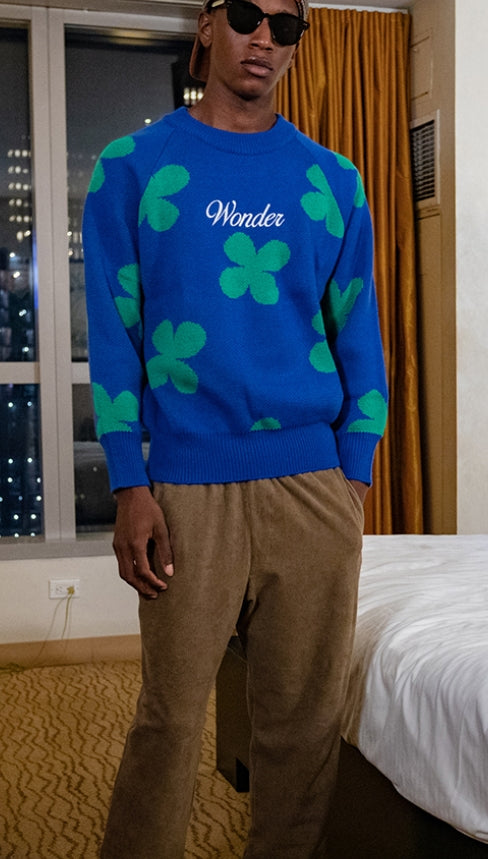 ワンダービジター(WONDER VISITOR)  Flower pattern Jacquard Knit [Blue]