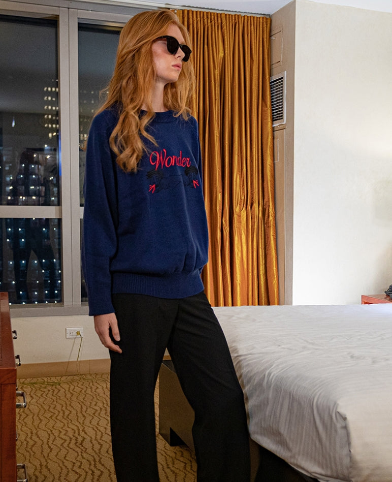 ワンダービジター(WONDER VISITOR)  2020 Signature embroidery Knit [Navy]