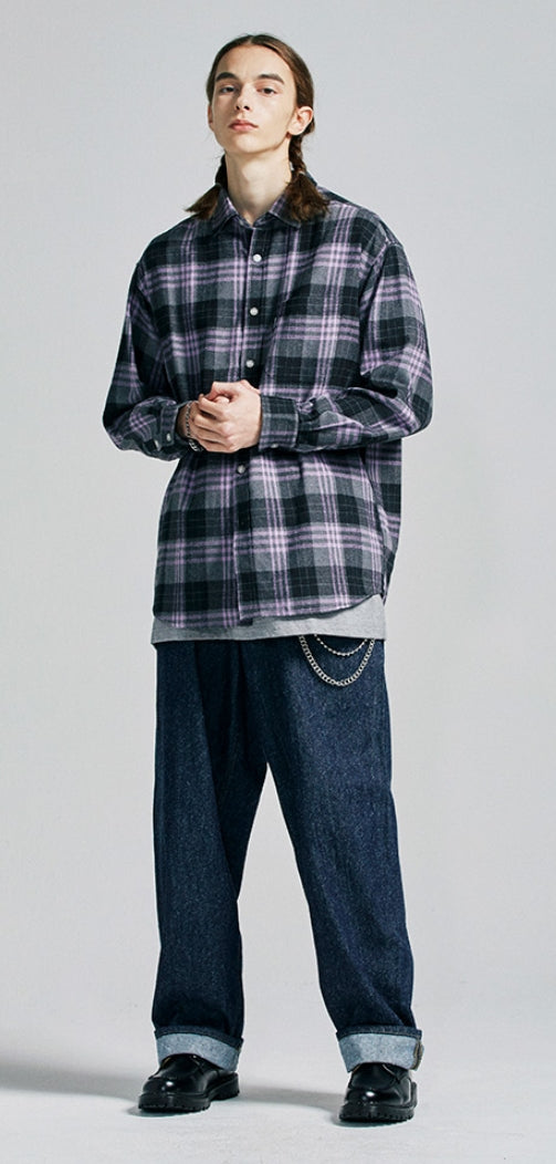 セイントペイン(SAINTPAIN)  SP Loose Fit Panel Check Shirts-Purple