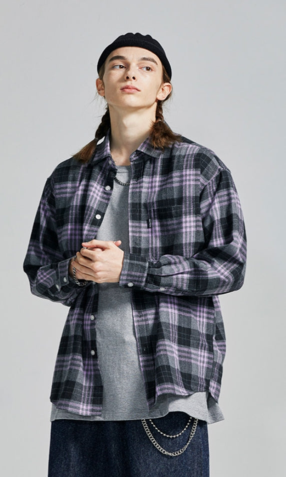 セイントペイン(SAINTPAIN)  SP Loose Fit Panel Check Shirts-Purple