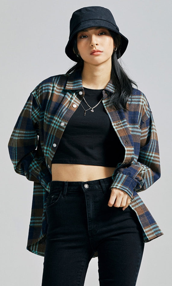 セイントペイン(SAINTPAIN)  SP Loose Fit Panel Check Shirts-Mint Brown