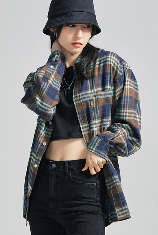 セイントペイン(SAINTPAIN)  SP Loose Fit Panel Check Shirts-Mint Brown