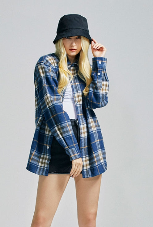 セイントペイン(SAINTPAIN)  SP Loose Fit Wide Check Shirts-Navy