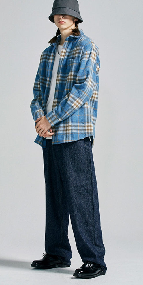 セイントペイン(SAINTPAIN) SP Loose Fit Wide Check Shirts-Blue