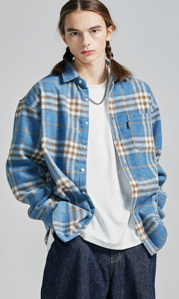 セイントペイン(SAINTPAIN) SP Loose Fit Wide Check Shirts-Blue