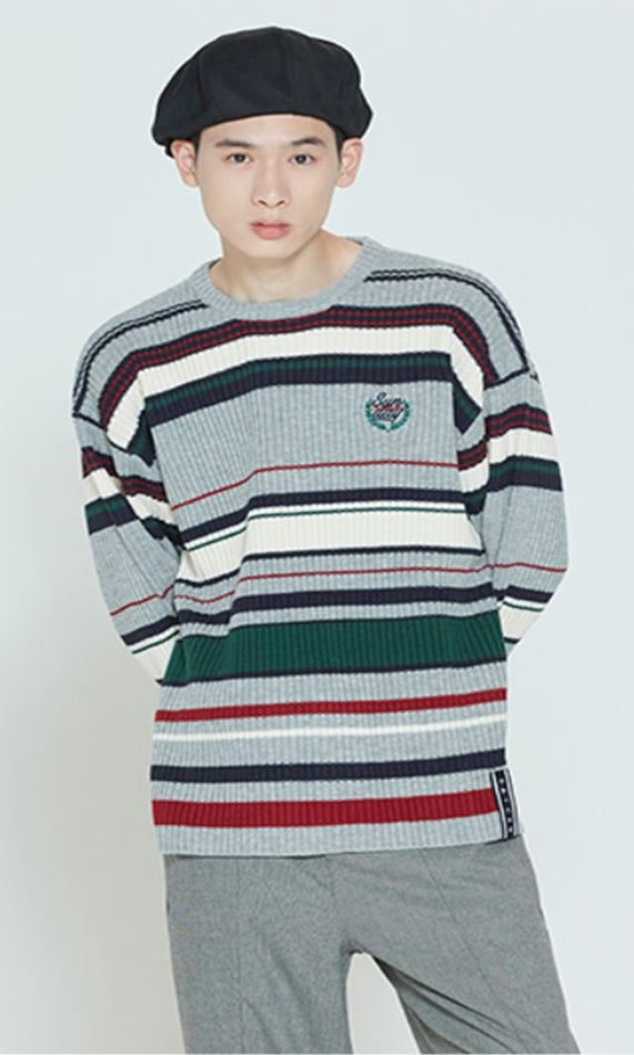 ロマンティッククラウン(ROMANTIC CROWN)  STRIPED RIBBED KNITWEAR_GREY