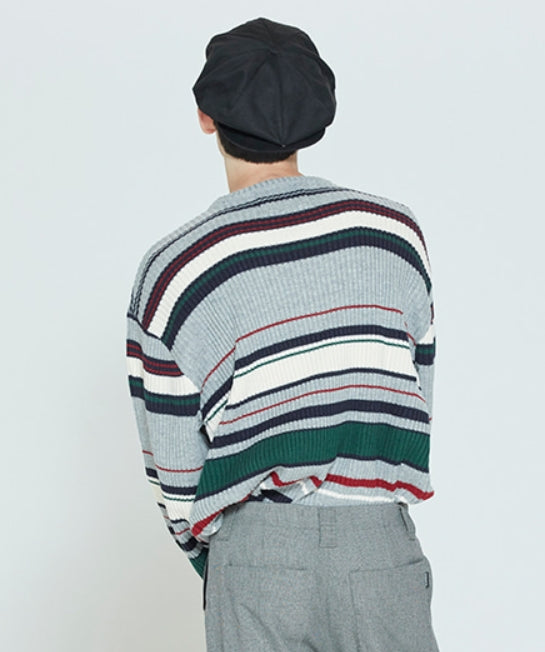 ロマンティッククラウン(ROMANTIC CROWN)  STRIPED RIBBED KNITWEAR_GREY
