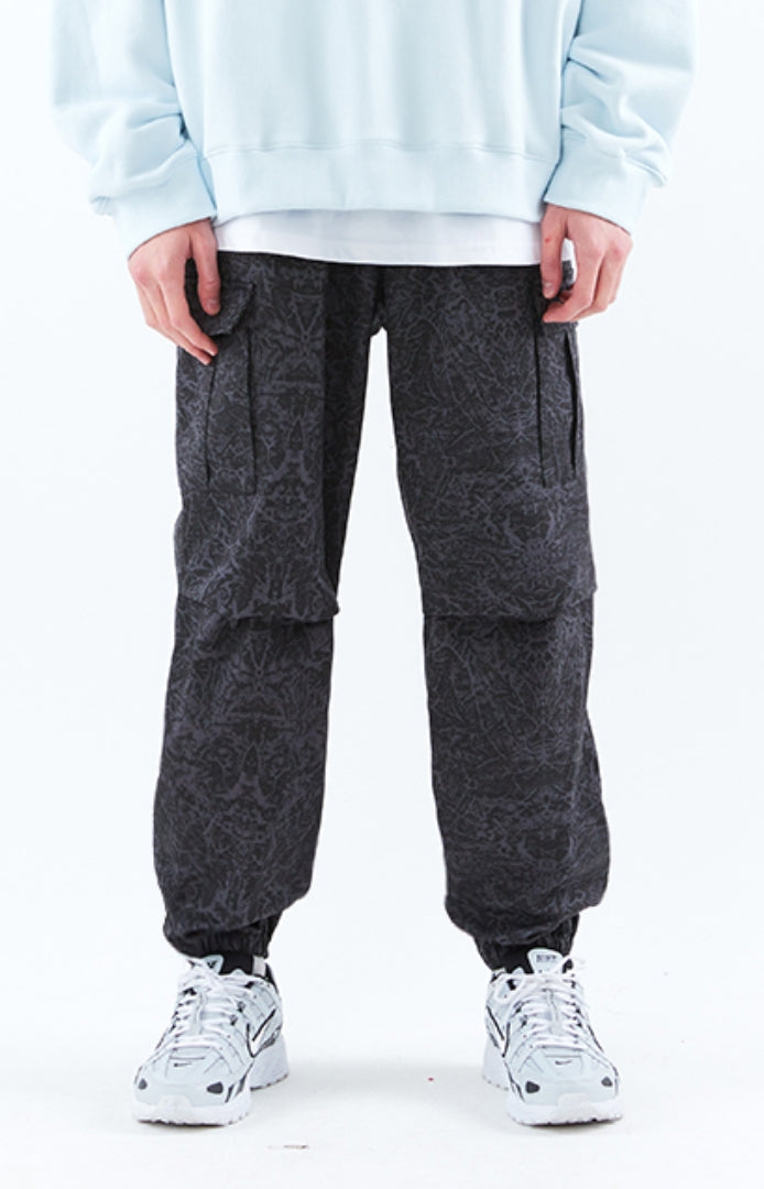 スローアシッド(SLOW ACID)  Washing Cotton Cargo Jogger Pants (STAINED BLACK)