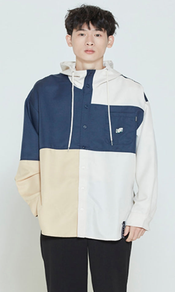 ロマンティッククラウン(ROMANTIC CROWN) COLOR BLOCK HOODIE SHIRT_OATMEAL