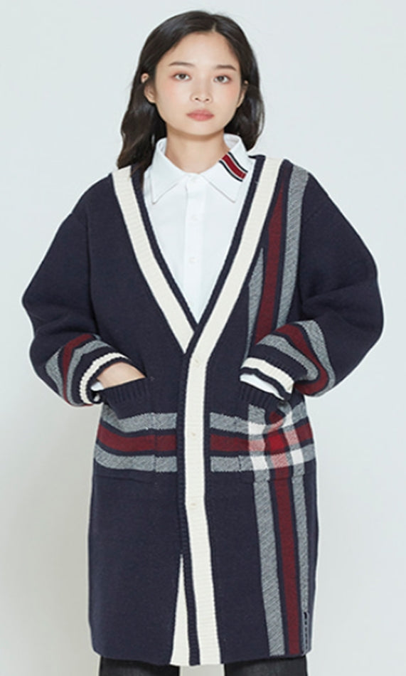 ロマンティッククラウン(ROMANTIC CROWN) CHECK KNITTED LONG CARDIGAN_NAVY