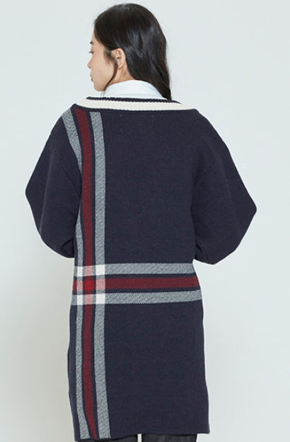 ロマンティッククラウン(ROMANTIC CROWN) CHECK KNITTED LONG CARDIGAN_NAVY