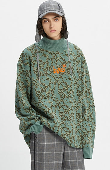 ベドインベド(BADINBAD)  LEOPARD KNITTED TURTLENECK_SAGE GREEN