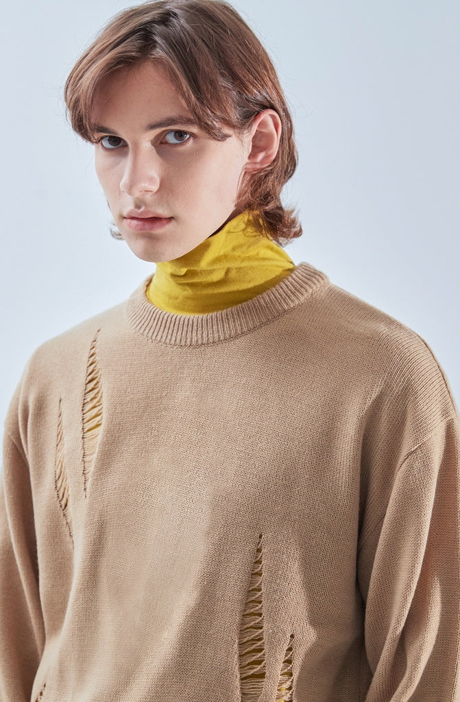 KND(ケイエンド) LOOSE FIT SOFT TOUCH DAMAGED KNIT BEIGE-K