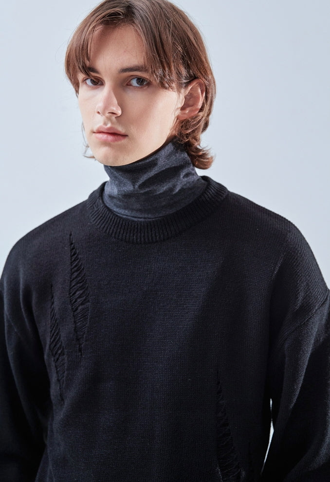 KND(ケイエンド) LOOSE FIT SOFT TOUCH DAMAGED KNIT BLACK-K