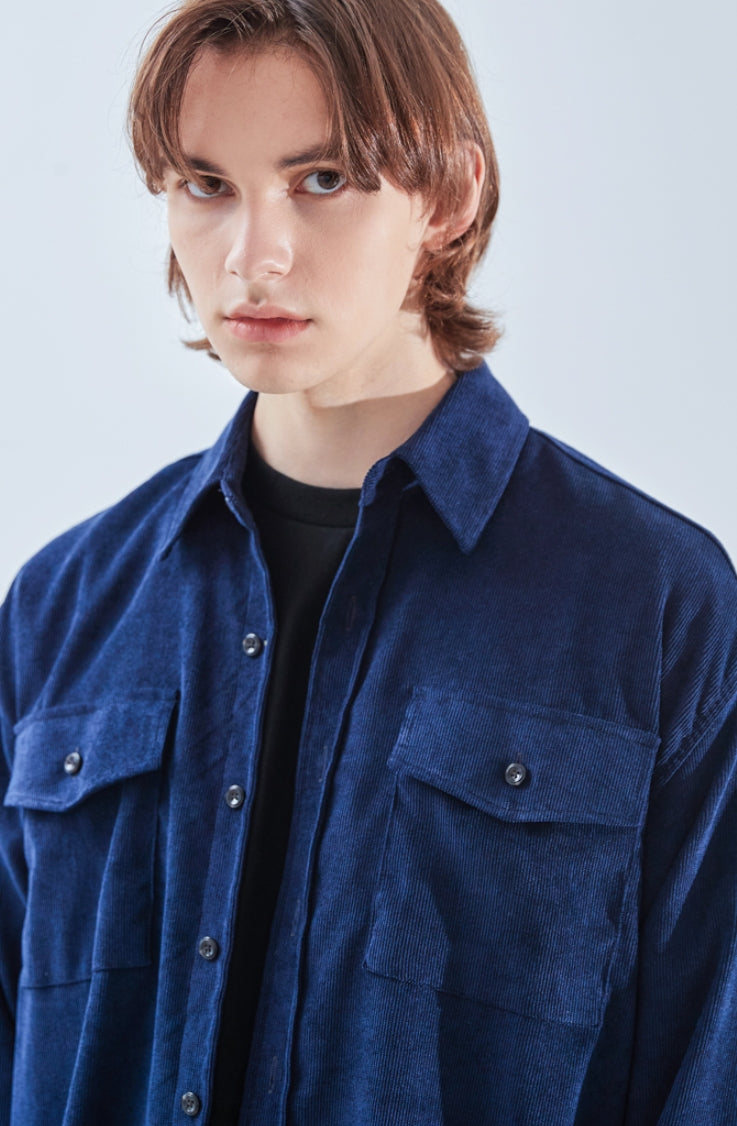 KND(ケイエンド) 2POCKET SOFT LUSTER CORDUROY SHIRT NAVY-K