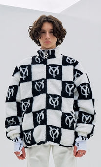 オーワイ(OY) 	CHECK LOGO FLEECE JACKET- BLACK