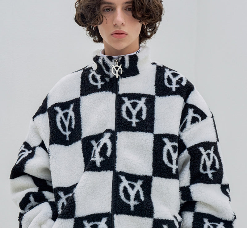 オーワイ(OY) 	CHECK LOGO FLEECE JACKET- BLACK