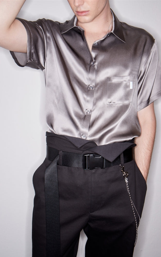 レイブレス(LABELESS)    SHORT SLEEVE UNBALANCE CUT SILK SHIRT