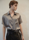 レイブレス(LABELESS)    SHORT SLEEVE UNBALANCE CUT SILK SHIRT