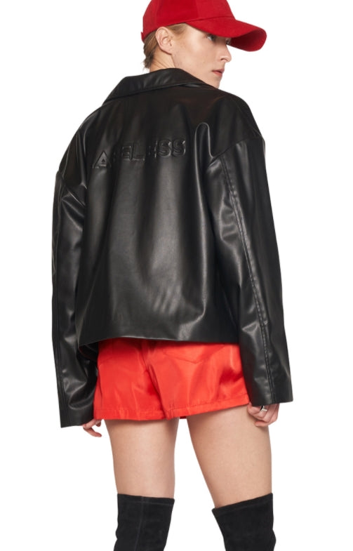 レイブレス(LABELESS)    FAUX LEATHER LOGO EMBOSS JACKET