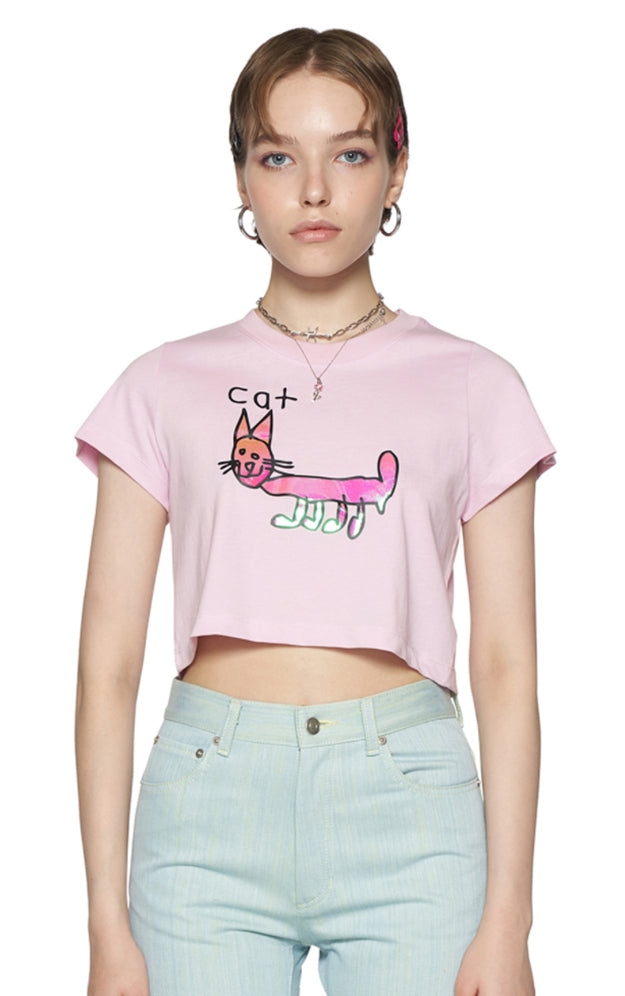 レイブレス(LABELESS)  PINK REFLECTIVE CAT CROPPED T-SHIRT