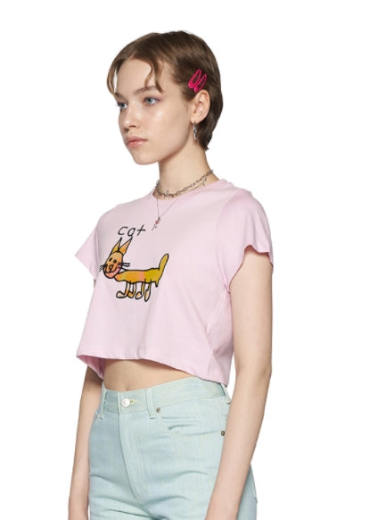 レイブレス(LABELESS)  PINK REFLECTIVE CAT CROPPED T-SHIRT